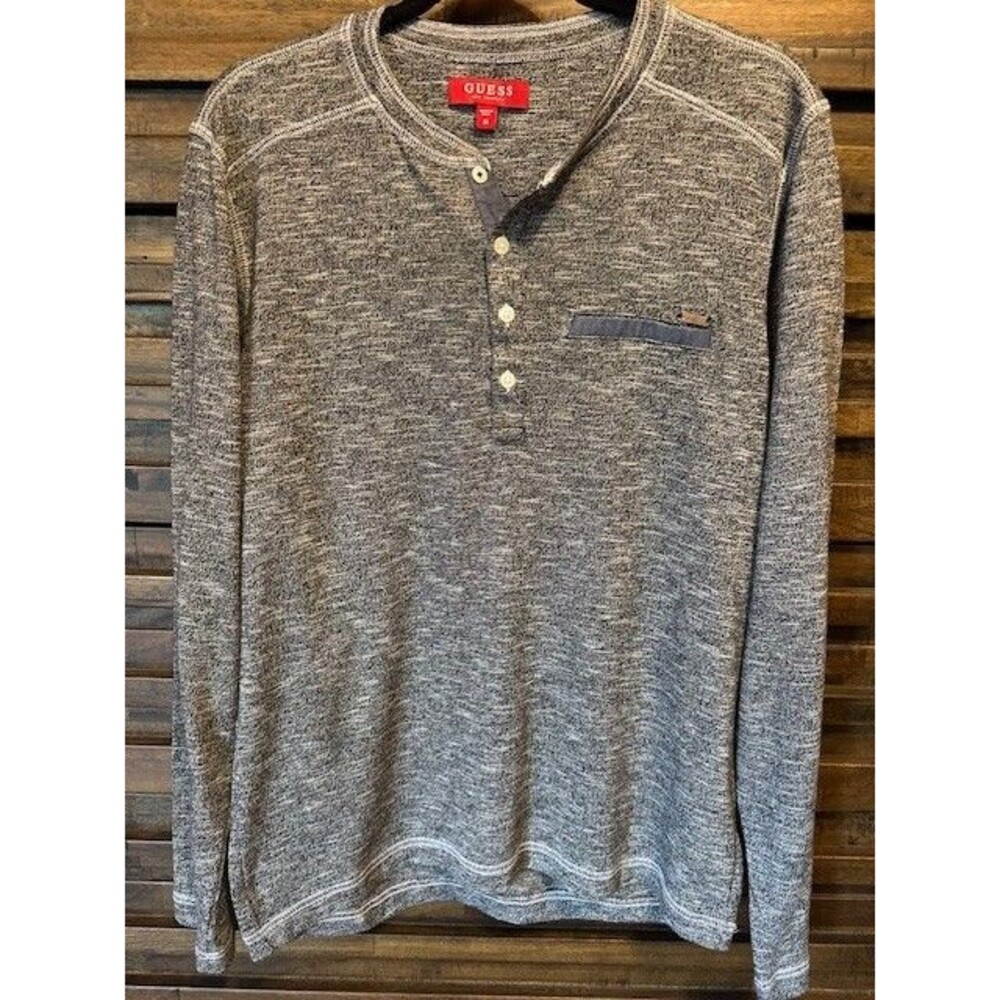 Guess Shirt‎ Mens Medium Gray Long Sleeve Henley Pullover Knit Lightweight